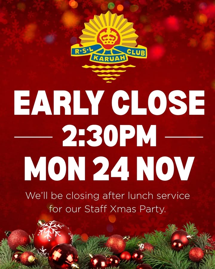 Featured image for “Early Closure Notice: Staff Christmas Party at Karuah RSL”