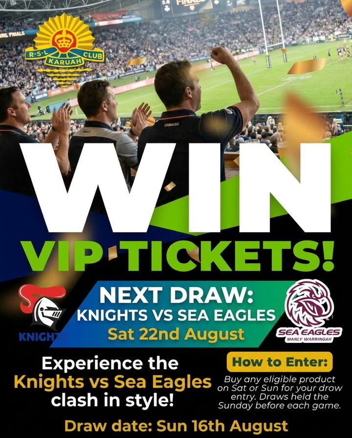 Featured image for “Win VIP Tickets to Knights vs Sea Eagles at Karuah RSL”