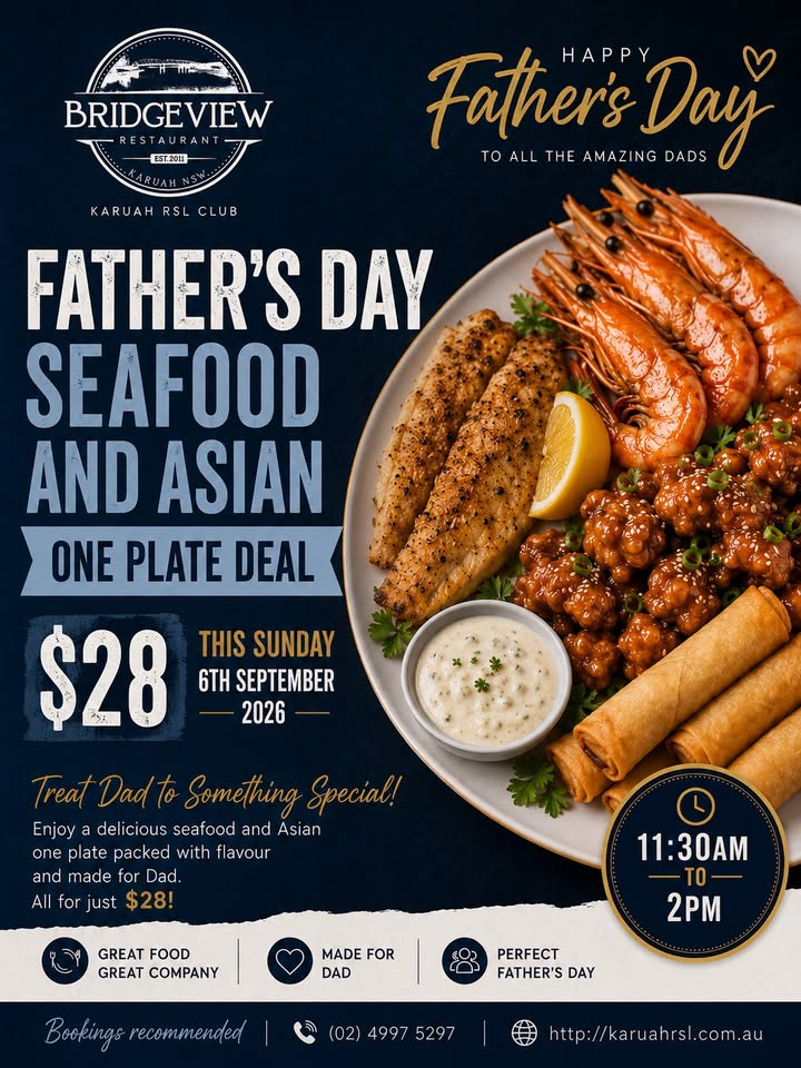 Featured image for “Father’s Day Seafood and Asian One Plate Deal at Karuah RSL”